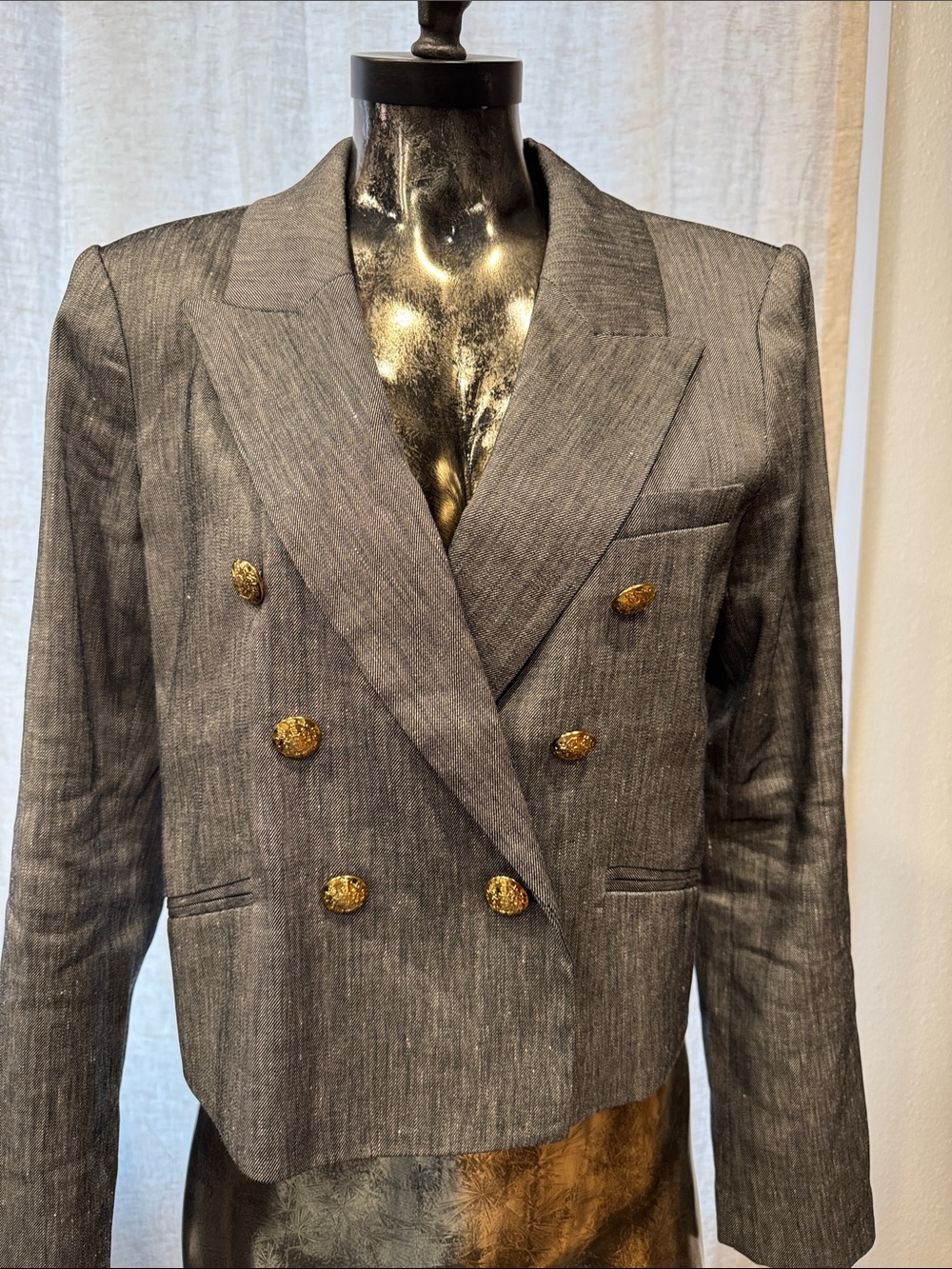 White House Black Market Gray Double-Breasted Blazer with Gold Buttons